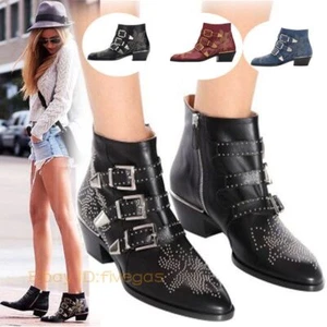 Botas al tobillo gruesas de tacón bajo retro para mujer con punta puntiaguda cinturón de cuero de vaca - Imagen 1 de 43