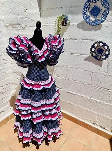 Taille 26" Vintage authentisch Roney Flamenco Kleid Gypsy Frida marineblau gepunktet rosa - Bild 1 von 11