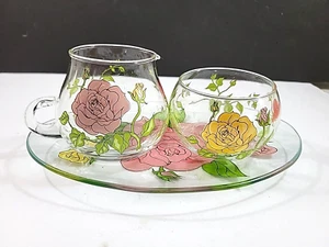 Vintage 3 pc Hand Painted Pastel Floral Glass Open Sugar & Creamer Set with Tray - Picture 1 of 4