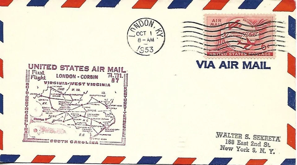 First Airmail Flight London KY October 1 1953 AAMC# 87W60 - Image 1 of 1