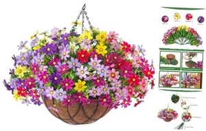12" Hanging Planter with Artificial Silk Daisy Flowers for Outdoor Decor, Faux - Picture 1 of 7