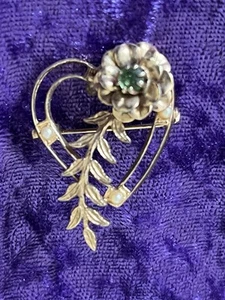 Vintage Heart & Flower Gold Brooch With Green & Pearl Accents - Picture 1 of 4