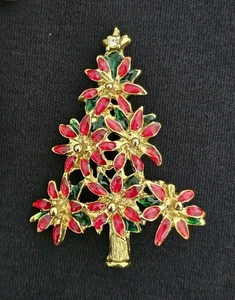 Estate LIA Signed Red Enamel Poinsettia Goldtone Christmas Tree Pin Brooch - Picture 1 of 5