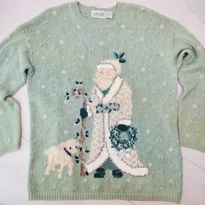 Suéter de Navidad Alpha Kent Papá Noel y Perro Verde Menta Adornado Talla XL Foto 1 de 4