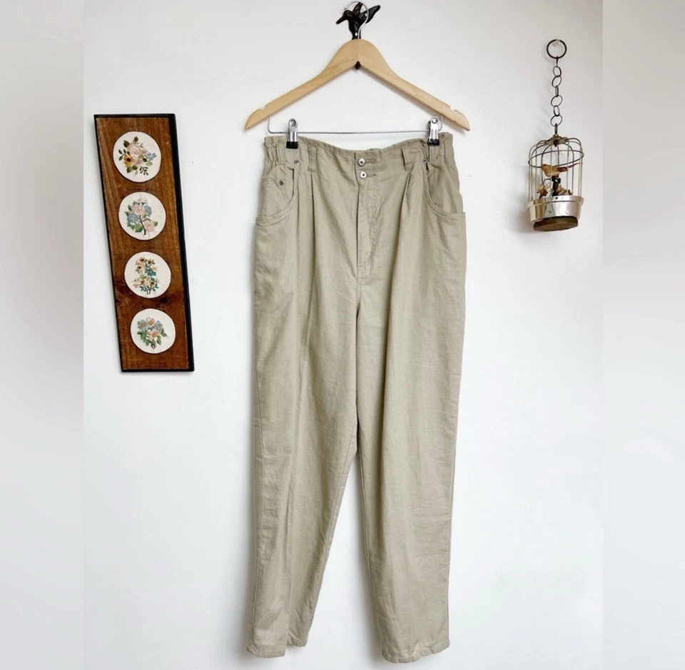Pantalón cónico vintage de lino y algodón tostado cintura alta talla 12 Foto 1 de 4