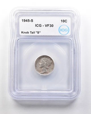 1945-S Mercury Dime Mint Error Knob Tail "S" VF30 ICG *1685 - Image 1 of 3
