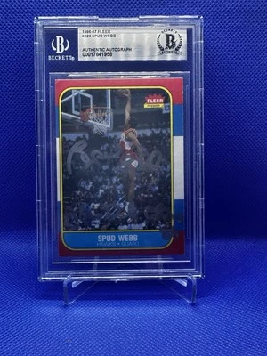 1986-87 Fleer Signed #120 Spud Webb (RC) Beckett BAS Slam Dunk Champ Script Auto - Image 1 of 2