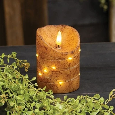 Primitive TIMER PILLAR Burnt IVORY Textured WRAPPED Candle Flicker LED 4" x 3" - Image 1 of 2