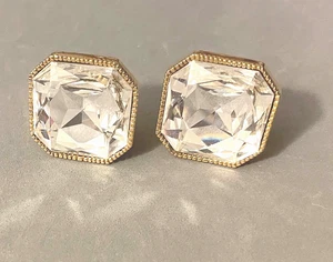 ST. JOHN Asscher Look Huge Diamante Rhinestone Gold Plated Clip On Earrings - Picture 1 of 5