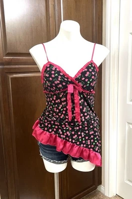 Vtg Jenni Jennifer Moore Babydoll Silky Nightie Slip Dress Black Pink Cherries M - Image 1 of 4