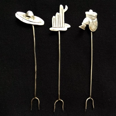 Juego de 3 Selecciones de Cóctel Plata de Ley 925 Sombrero Cactus Siesta Vaquero México Foto 1 de 3