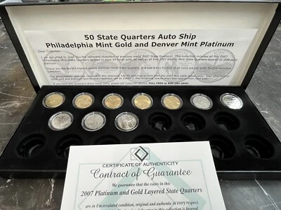 2007 PHILADELPHIA 24K GOLD LAYERED +DENVER PLATINUM 10 COIN STARTER SET W/ CERT. - Image 1 of 4