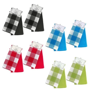 Set of 4 Cotton Waffle Checkered & Plain Dyed Tea Towels 50cm x 70cm - Imagen 1 de 6
