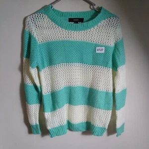 Forever 21 Sweater Womans Small Green White Stripe Pullover Large Knit - Picture 1 of 8