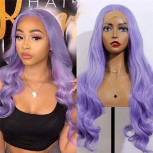Purple Long Wave Lace Front Wig Synthetic Wig Soft Halloween Glueless Soft Wigs - Picture 1 of 10