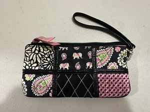 Vera Bradley Handgelenktasche Handtasche 8 "x 4" schwarz, pink und grün Paisley mit Elefant - Bild 1 von 8