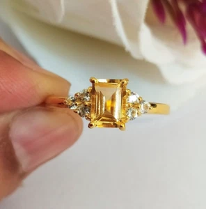 14k Yellow Gold Citrine Ring-Shine Emerald Cut Gemstone Ring-Anniversary Wife - Picture 1 of 7