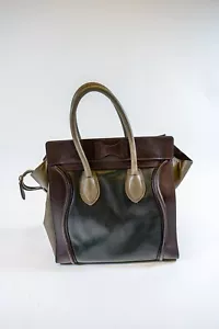 Celine Tri-color Luggage Black/Moss Green/Burgundy Colorblock Mini Leather Tote - Picture 1 of 24