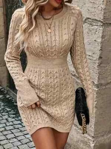 New Cozy Khaki Crew Neck Cable Knit Ribbed Long Sleeve Bodycon Sweater Dress Lg. - Picture 1 of 4