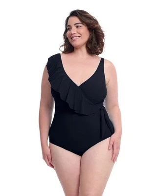 Traje de baño Profile By Gottex negro con volantes asimétricos con cuello en V de una pieza talla 16W Foto 1 de 4