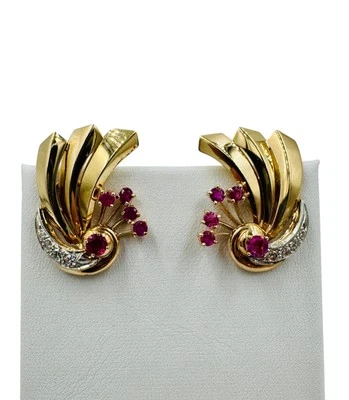 Pendientes retro de diamantes y rubíes de oro rosa de 14k Foto 1 de 4