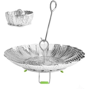 Steamer Basket Stainless Steel Vegetable Basket Metal Handle Folding Silicone... - Picture 1 of 7
