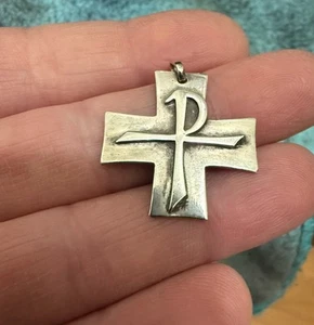 VINTAGE SCHÖNER STERLING Staurogramm CHI RHO KREUZ ANHÄNGER TAU-RHO - Bild 1 von 4