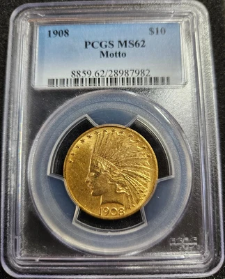 1908 MOTTO $10 Gold Indian Head Eagle PCGS MS62 * Motto *  Beautiful Coin! - Image 1 of 2