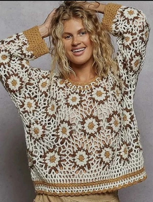 POL Women’s Crochet Brown And Cream Sweater - Image 1 of 3