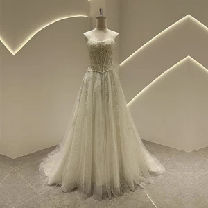 Romantic Strapless Bride Wedding Dress Lace Bohe See Through Beach Bride Gown - Picture 1 of 10