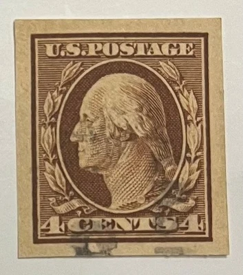 Franqueo de Estados Unidos Scott 346 usado, Imperf 4 centavos Washington, centrado, NH 1908-09 Foto 1 de 2