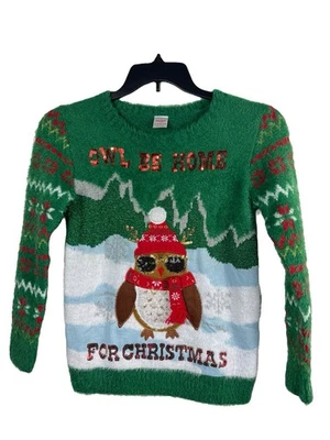 Holiday Time Women’s XL 14-16 Green Christmas Fuzzy Sweater Owl Theme Novelty - Image 1 of 4