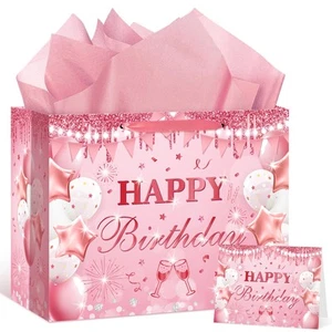 Pink Rose Gold Party Supplies - Gift Bag With Wrapping Paper and Card for Bir... - Picture 1 of 7