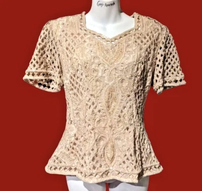 DESLUMBRANTE BLUSA FRISADA DÉCADA DE 1980 bordada corte enfeitada seda esculpida top 2A - Imagem 1 de 4