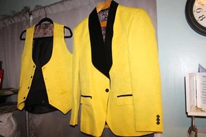 YFFUSHI Men's 3 Piece Suit Slim Fit Jacquard Tuxedo Yellow Small - Picture 1 of 7