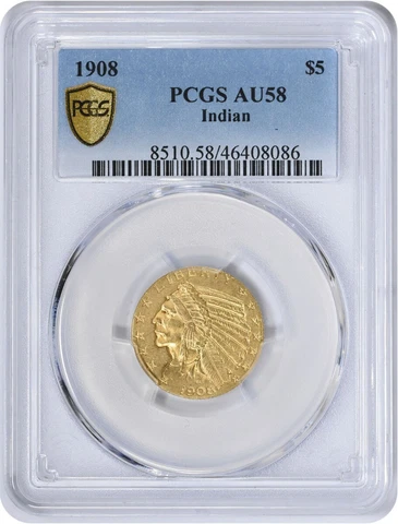 1908 $5 Gold Indian AU58 PCGS Cover