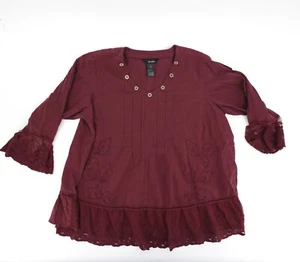 Ali Miles Shirt Womens 1X Plus Burgundy Blouse Lace Flare Sleeve Embroidered - Picture 1 of 12