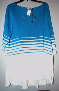 Belldini knit sweater top 3/4 sleeve V-neck chain Lagoon/white Plus 2X New + tag - Picture 1 of 4