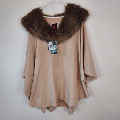 Nuevo con etiquetas Poncho Adrienne Landau Imitación Piel Borde Cuello Extraíble Capa Beige Marrón 2X/3X Foto 1 de 4