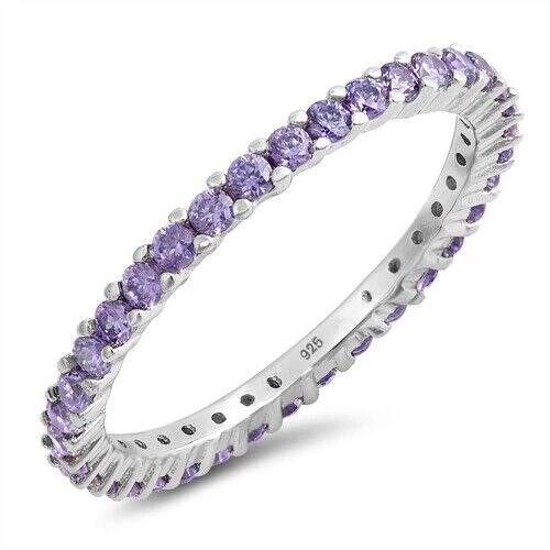 Ring Rhodium Plated Sterling Silver 925 Amethyst CZ Band Width 2 mm Size 4 - 12 - Image 1 of 1