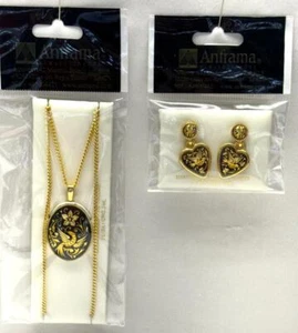 Schmuckset Anframa Damasquinados 24K Damaszener Ohrringe & Halskette Vogel Neu mit Etikett - Bild 1 von 9