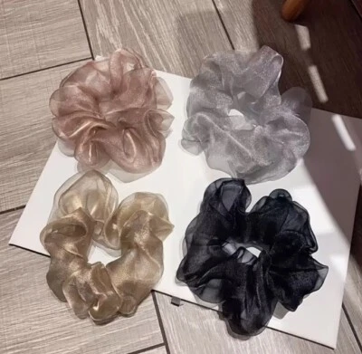 Black Gray Taupe Hair Scrunchies 2-Layer Chiffon Elastic Hair Bands Scrunchy Set - Image 1 of 4