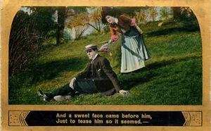 Postal Ilustrada Canción Serie 1838 Sin Publicar Mujer Pokes Hombre con Paraguas - Imagen 1 de 2