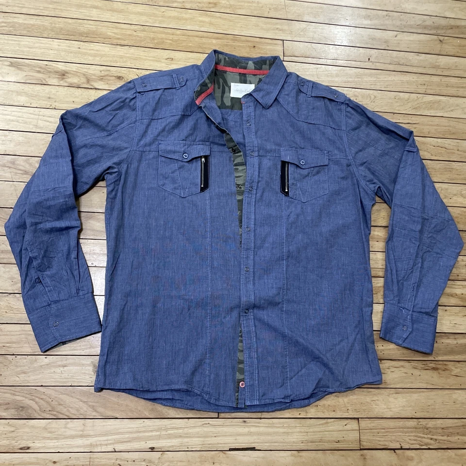 SOVEREIGN CODE Metal Snap Button Shirt Men XXL Blue Military Camo Zip-Pocket 2XL - Image 1 of 4