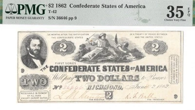 T-42 PF-2 1862 $2 Confederate Full Framed,Bright Beautiful PMG VF35 EPQ CSA Note - Image 1 of 4