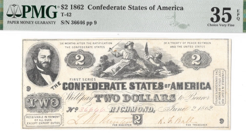 T-42 PF-2 1862 $2 Confederate Full Framed,Bright Beautiful PMG VF35 EPQ CSA Note - Image 1 of 4