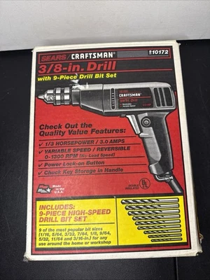 Винтажная проводная дрель Sears Craftsman 3/8 дюйма 1/3 лс 9-10172 без ключа с коробкой и Manuel - Изображение 1 из 4
