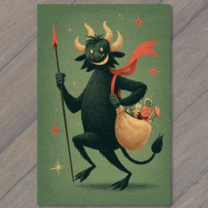 Art Print Smiling Horned Devil Carrying Candy Bag Festive Mischief Holiday Fun - Picture 1 of 1