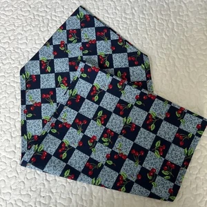 Handmade Table Runner 58x13 Navy Light Blue Flower Plaid Cherries - Picture 1 of 6