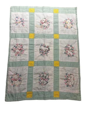 Vtg  Hand Embroidered Baby Quilt Crib Blanket Pastel Animals Green Yellow 1950s - Image 1 of 4